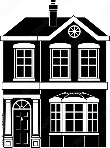 Victorian silhouette old English house building. Georgian mansion manor style homes. Vintage British architecture facade illustration.