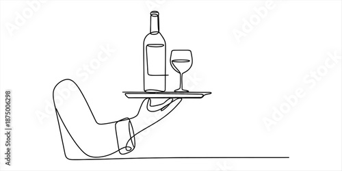 A continuous line drawing of a waiter's hand holding a tray with a wine bottle and glass Vector, illustration