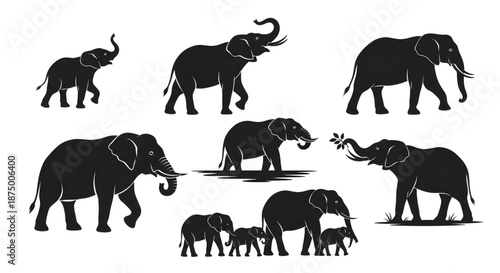 Silhouette collection of African elephants in various poses including walking spraying water and mother with calves