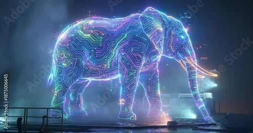 Digital elephant illuminated hologram visualization with glowing lines