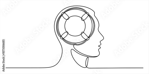 A continuous line drawing illustrating mental health support and finding solutions within the mind Vector, illustration