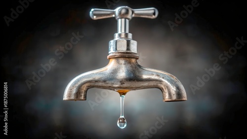 Water tap dripping in a kitchen setting with blurred background and focus on the faucet