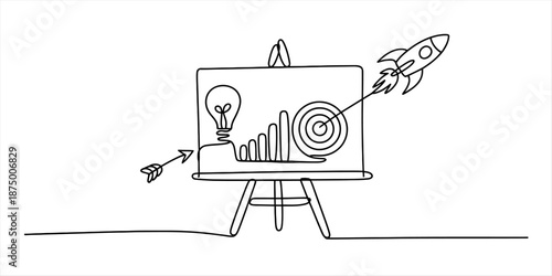 A continuous single line drawing illustrating the process from an idea to reaching success and achieving goals Vector, illustration