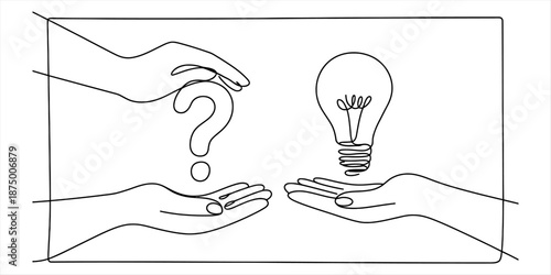 Minimalist continuous line drawing depicting problem solving from question to idea Vector, illustration