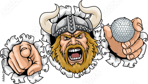 Viking man holding Golf ball and pointing sports team cartoon charcater mascot illustration.