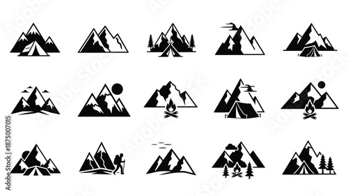 Collection of mountain and camping icons in a stark black silhouette