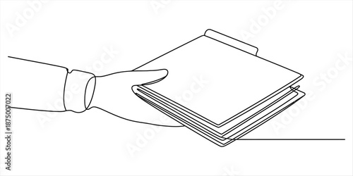 Continuous line drawing of a hand passing important documents or a file Vector, illustration
