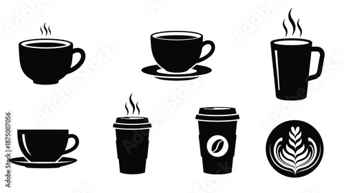 Various steaming coffee cups and to go containers in black silhouette