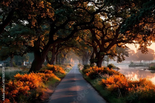 Road through Autumn Trees by a Quiet River at Sunrise with Morning Mist