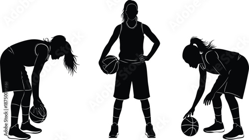 Comprehensive Vector Silhouette Collection of Female Basketball Players Dribbling and Posing with Balls for Women Sports Competition Team Training and Active Lifestyle Design Projects