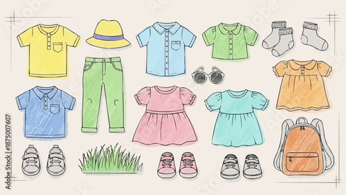 Childrens Clothing and Accessories Collection Flat Lay.