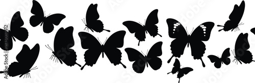 Comprehensive Vector Silhouette Collection of Various Butterflies in Flight Featuring Detailed Wing Patterns and Elegant Swallowing Tail Poses for Nature and Garden Design