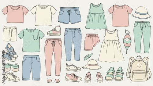 Childrens Clothing and Accessories Collection Hand Drawn Style.