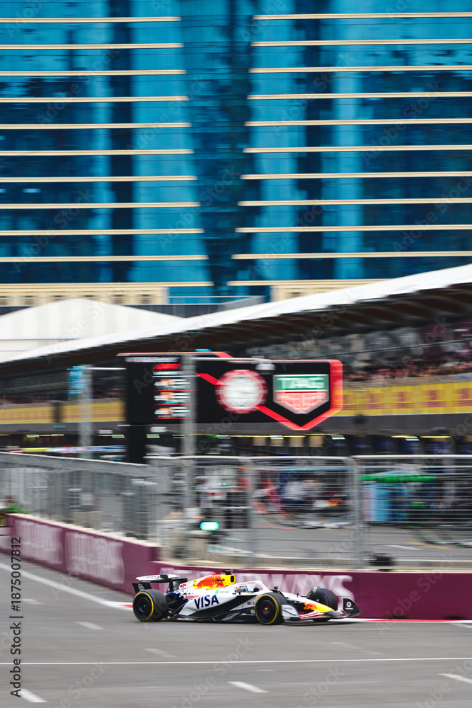 Fototapeta premium BAKU, AZERBAIJAN - SEPTEMBER 21, 2025: RB VCARB 02 competes during the Formula 1 Azerbaijan Grand Prix at Baku City Circuit