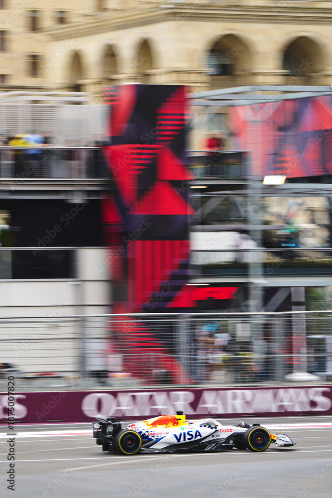 Fototapeta premium BAKU, AZERBAIJAN - SEPTEMBER 21, 2025: RB VCARB 02 competes during the Formula 1 Azerbaijan Grand Prix at Baku City Circuit