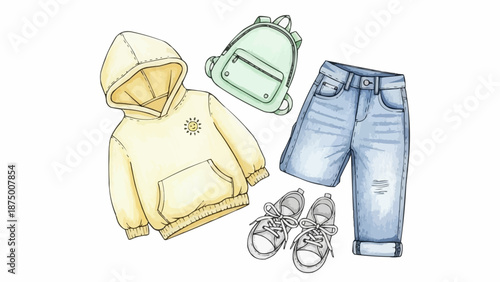 Childrens clothing and accessories laid out flat.