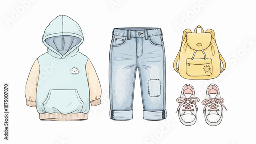 Childrens clothing and accessories laid out for school.