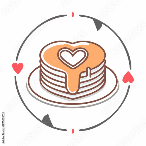 Delicious Stack of Homemade Pancakes and Heart Shaped Hotcakes with Melting Butter and Syrup Vector Art