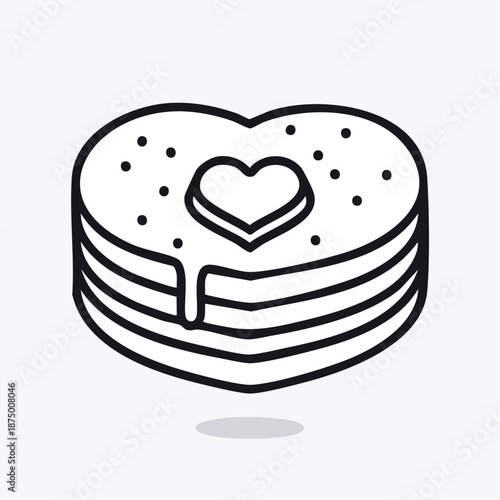 Delicious Stack of Classic and Heart Shaped Pancakes with Melting Butter and Maple Syrup Vector Line Art Collection