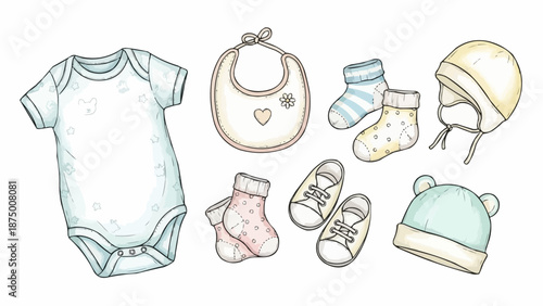 Collection of baby clothes and accessories for newborns.
