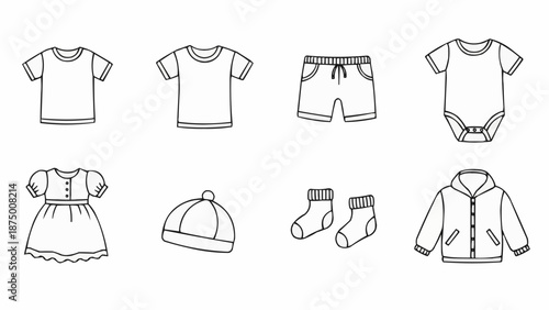 Collection of baby clothes line art illustrations.