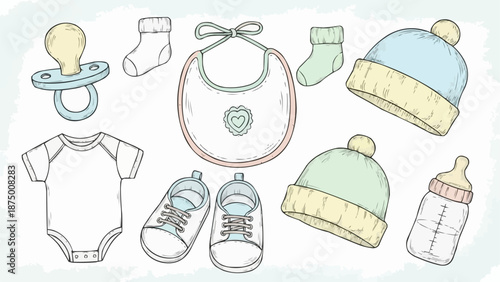 Collection of baby items including clothing and accessories.
