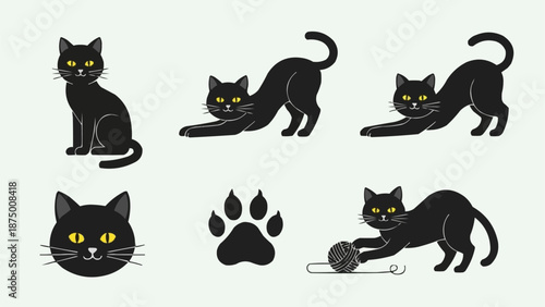 Collection of Black Cat Poses and Actions.