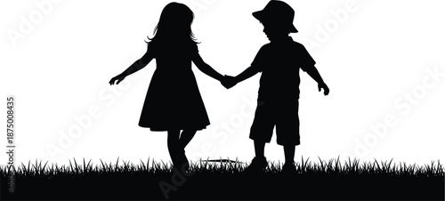 Vector Silhouette Illustration of a Little Boy and Girl Holding Hands While Walking Through a Grassy Field for Childhood Friendship and Nature Design Projects