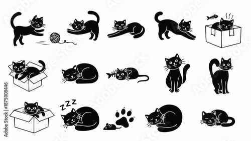 Collection of Black Cat Poses and Activities.