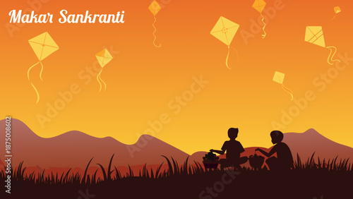 Flat vector illustration of family picnic during makar sankranti festival with kites flying in orange sky with kite flying and silhouette and celebration