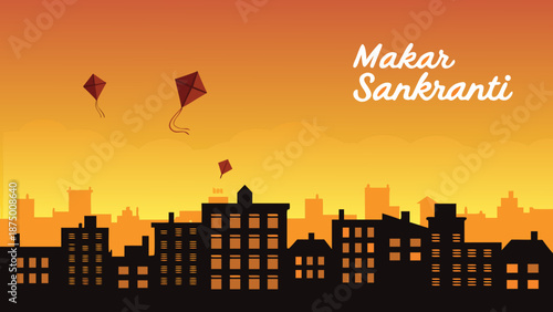 Flat vector illustration of a modern city festival with kites flying high in the sky during makar sankranti celebration at sunset with kite flying