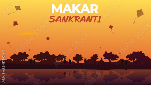 Flat vector illustration of riverbank celebration with kites flying during makar sankranti festival at sunset with kite flying and traditional