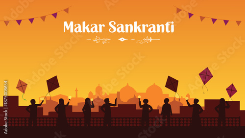 Flat vector illustration of people celebrating makar sankranti on a rooftop with kites and colorful decorations against a vibrant orange sky