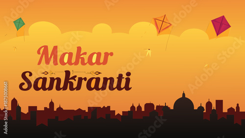 Vibrant flat vector illustration of a city skyline at sunset with giant sun and kites flying overhead celebrating makar sankranti with kite flying