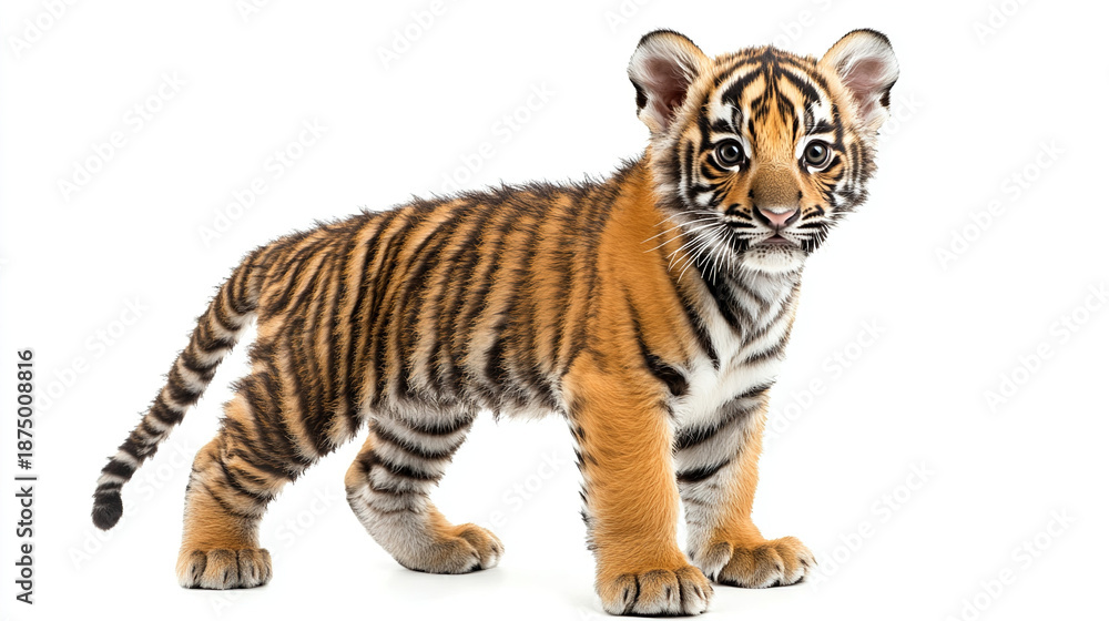 Obraz premium Young Tiger Cub Standing on White Background with Detailed Fur Texture and Natural Lighting