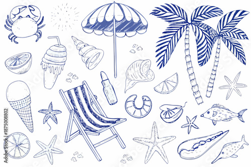 a collection of beach icons and objects in blue lines
