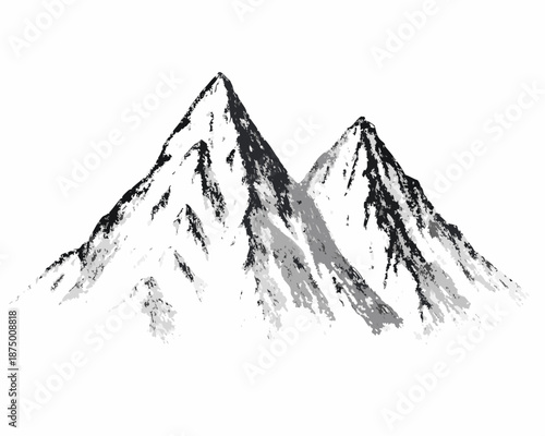 a black and white drawing of two snow covered mountains