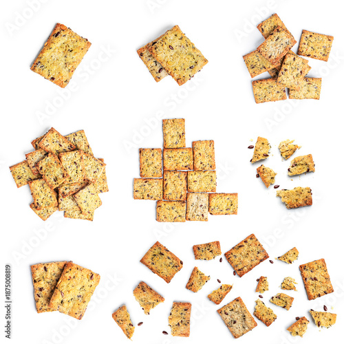Italian crispbreads with celery, flax seeds and olive oil on a white background. High quality photo