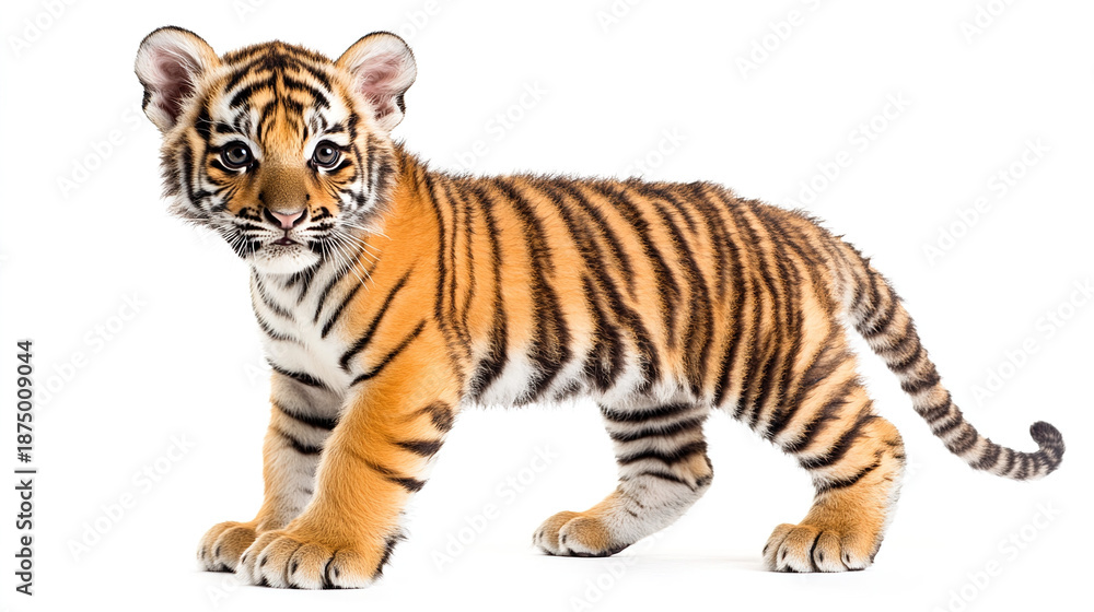 Obraz premium Young Tiger Cub Standing on White Background with Detailed Fur Texture and Natural Lighting