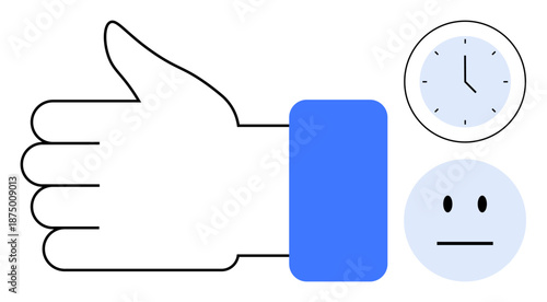 Communication, time management, decision-making, productivity, feedback, work efficiency. A thumbs-up sign, a clock and a neutral face symbol. Time management and feedback concept