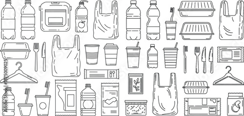 Outlined assorted disposable packaging collection plastic bags, bottles, containers, cutlery, and sundry items
