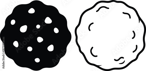 Outlined cookie illustration, snack with chocolate chips and textured surface detail
