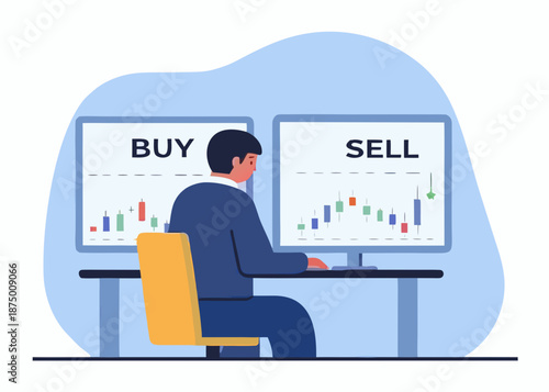 a man sitting at a desk in front of two computer monitors