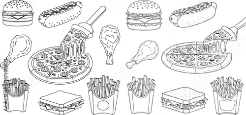 Outlined fast food collection featuring pizza slice with melted cheese, burger, sandwich and fries