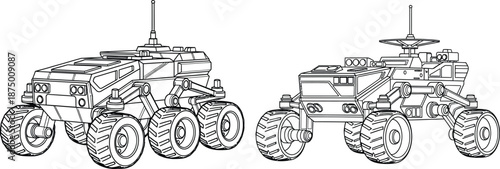 Outlined futuristic rover vehicle illustrations, multiwheeled with antenna, ideal for science projects or coloring books