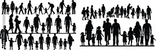 Parents with kids walking silhouettes, family together illustrations, holding hands, diverse backgrounds, parenting concept