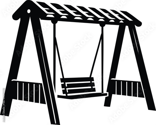 Empty wooden porch swing seat hanging from a sturdy wooden frame vector silhouette illustration