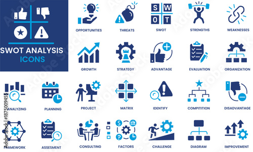 SWOT analysis icon set. Meaning strengths, weaknesses, opportunities, and threats. Containing advantage, disadvantage, strategy, consulting, identify, project. Outline icons vector collection
