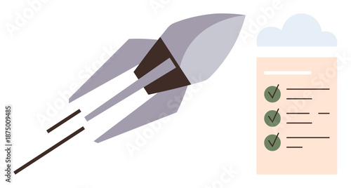 Goal achievement, entrepreneurship, strategic planning, progress tracking, business growth, innovation. A rocket flying alongside a checklist with checkmarks. Goal achievement and entrepreneurship