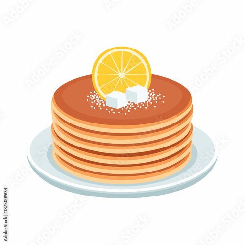 Illustration of Pancake Stack Topped with Fresh Lemon Slice and Sugar Cubes